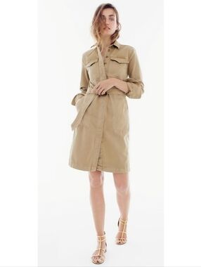 J. Crew Khaki Beige Safari Button up Long Sleeve Shirt Dress Size 12